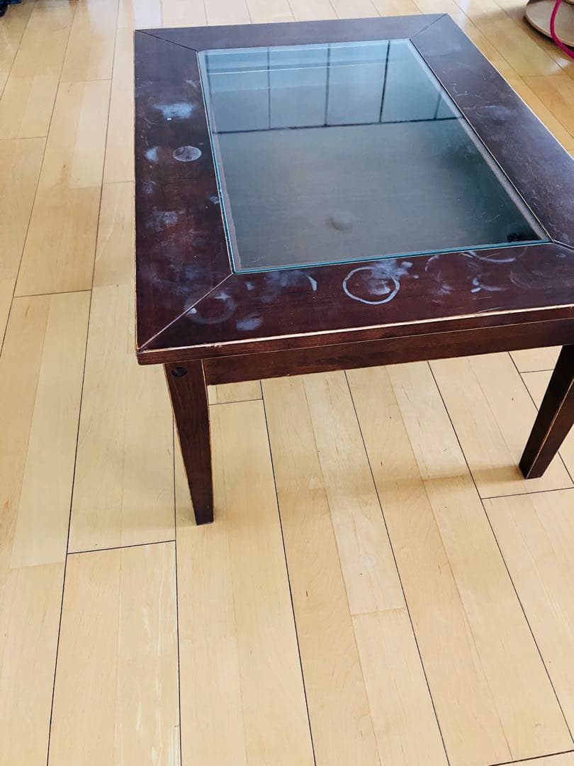 木製引き出し付き座卓 ガラス天板 約90cm x 60cm