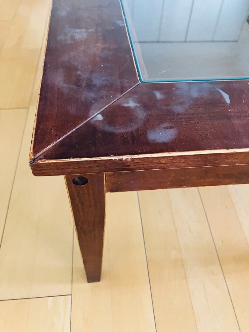 木製引き出し付き座卓 ガラス天板 約90cm x 60cm