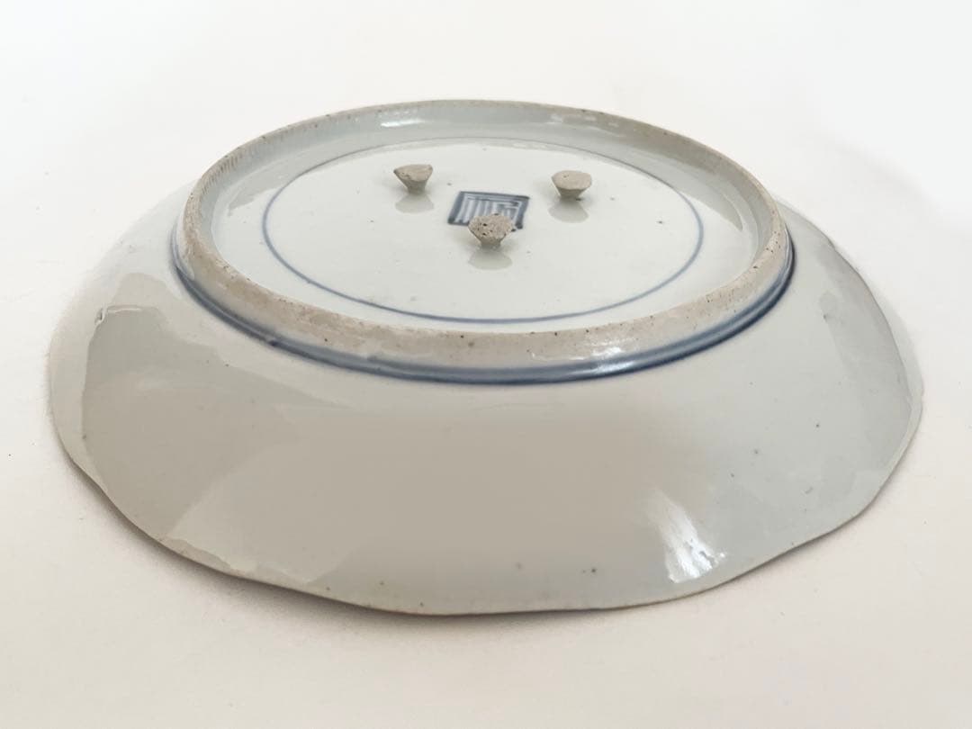 骨董　アンティーク　藍九谷　古九谷金銀彩　輪花　七寸皿　牡丹　蛇籠　水車