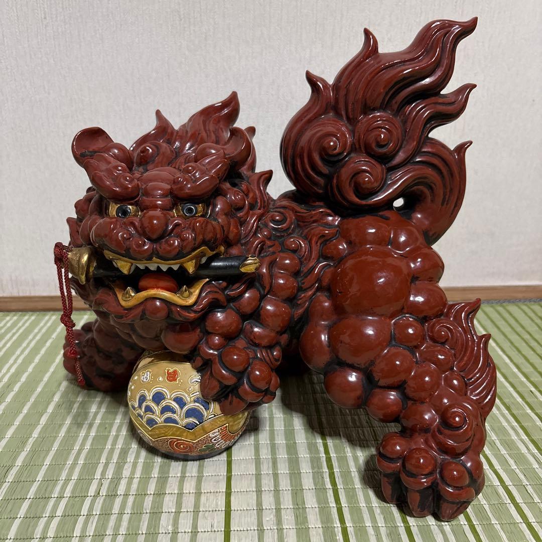 九谷焼 八幡窯 須栄義 獅子 金 赤 縁起物 魔除け　置物