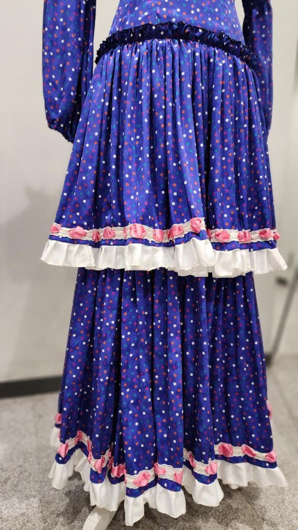 フラメンコドレス 青色 カラフル水玉　シージョ付き（中古）