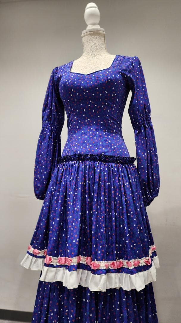 フラメンコドレス 青色 カラフル水玉　シージョ付き（中古）