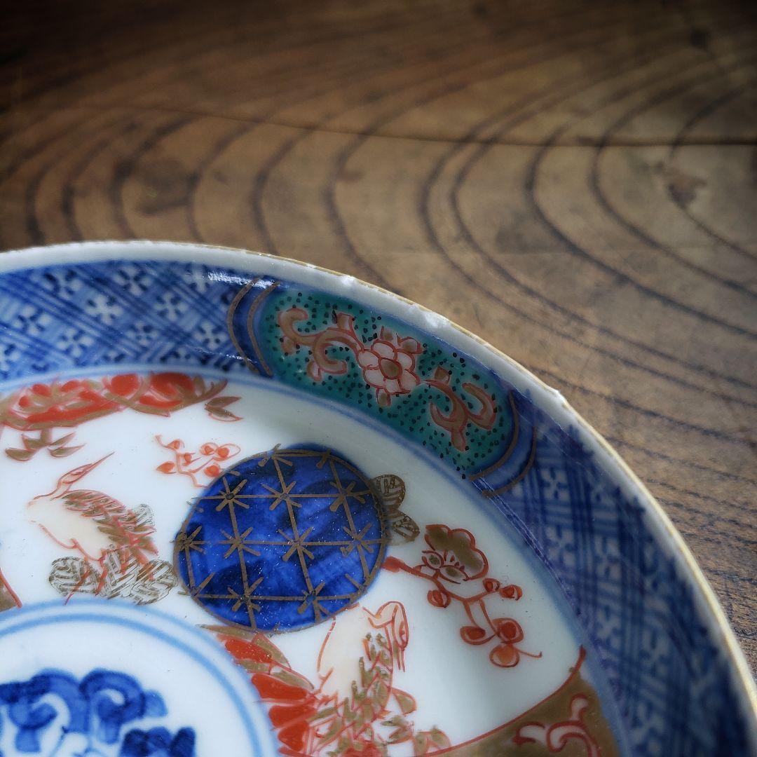 小皿　色絵付　染付　古伊万里　金彩　花唐草　鶴　四方襷文　明治　ハ号　複数縁欠け