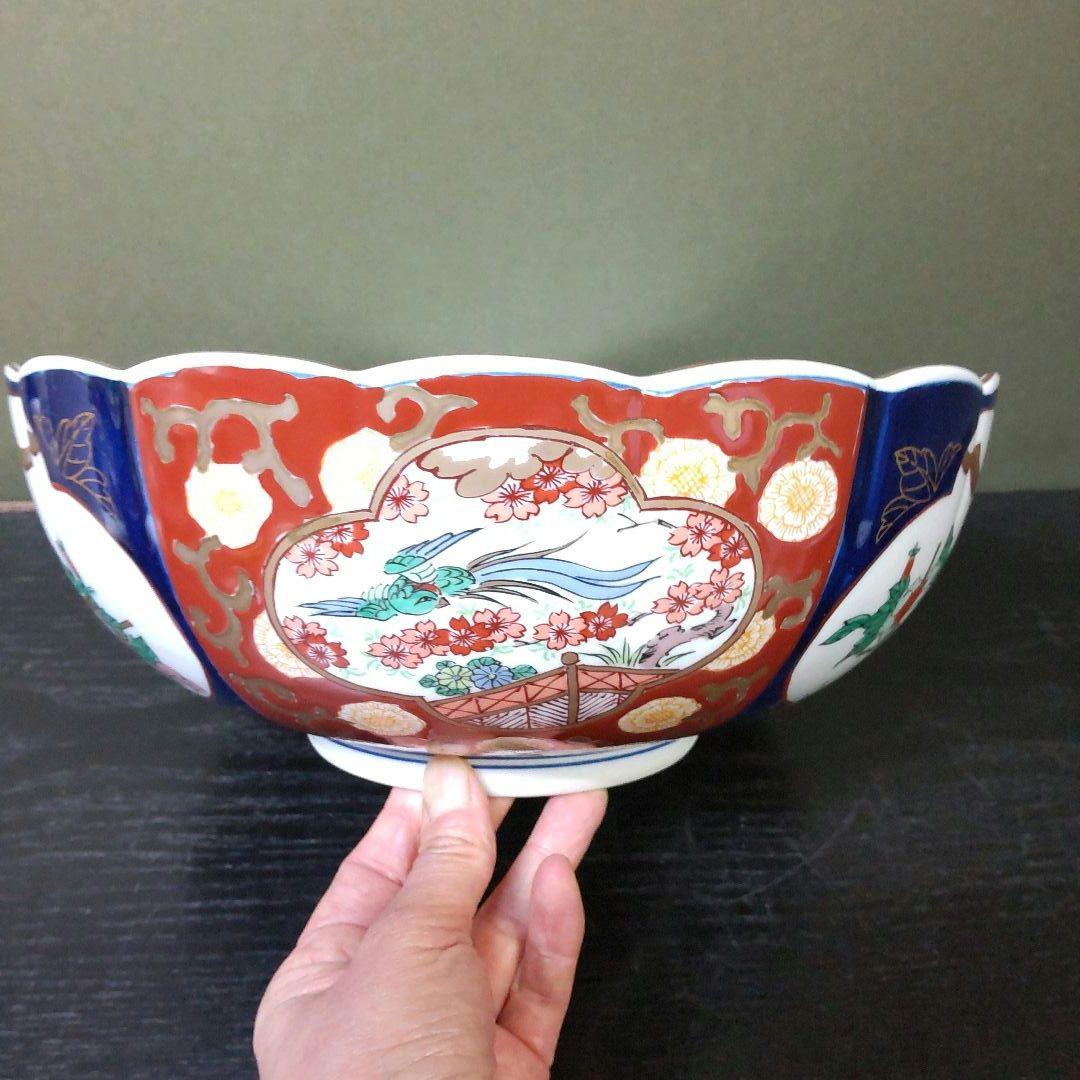 （813）✿有田焼★秀峰作★菊型花鳥絵深鉢★破魔オマケ付き★