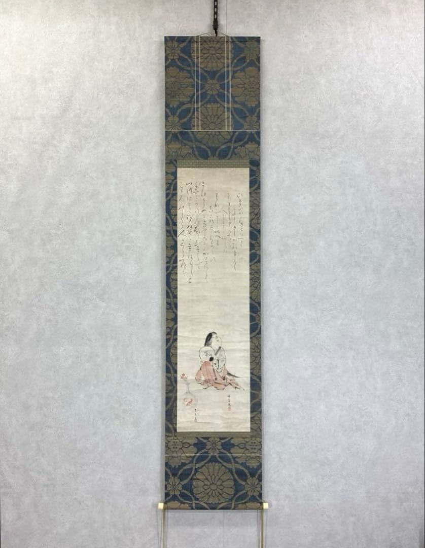 掛軸 お多福 金魚 夏 朝顔 秋桜 合作 画賛 箱無し 3-18