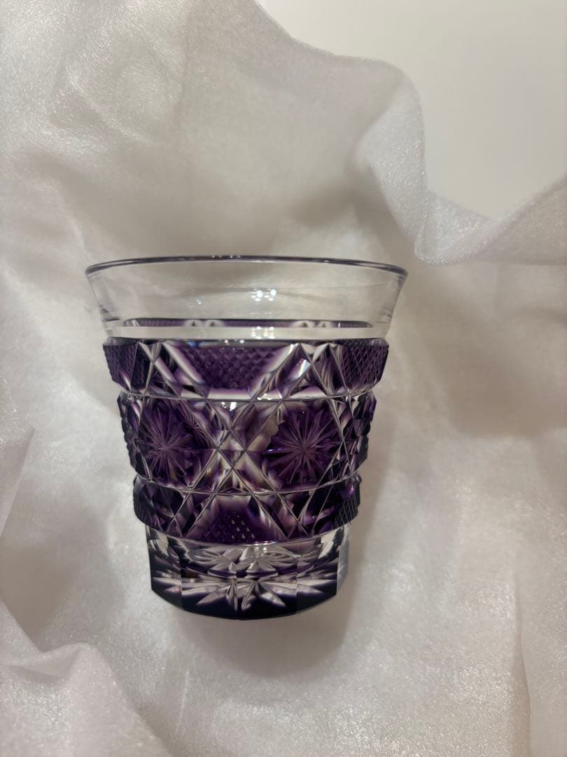 鳥津薩摩切子　冷酒グラス 紫色 ガラス　箱付き