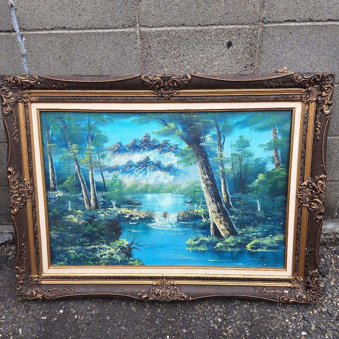 絵画　油絵　120cm×80cm　ヴィンテージ　レトロ　額　山、川のほとり