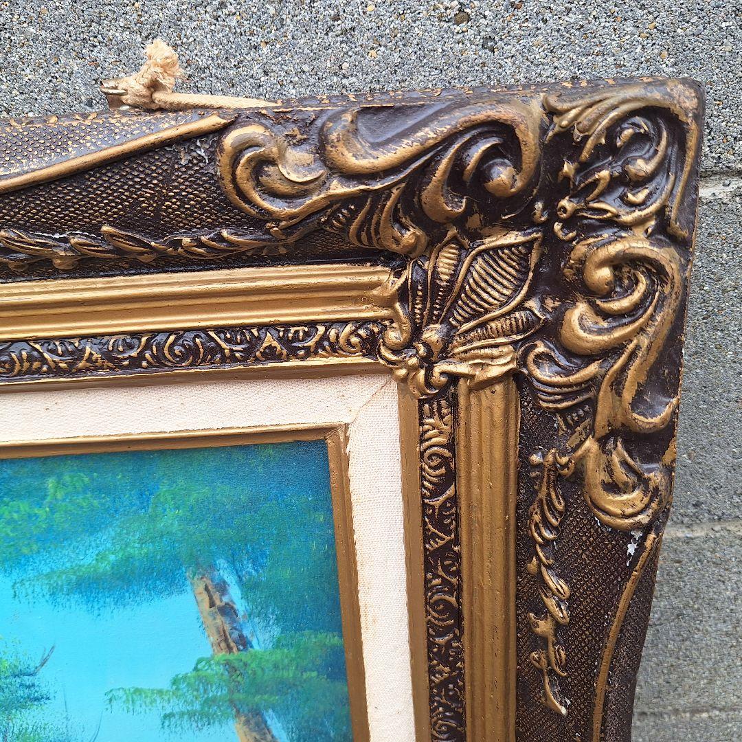 絵画　油絵　120cm×80cm　ヴィンテージ　レトロ　額　山、川のほとり