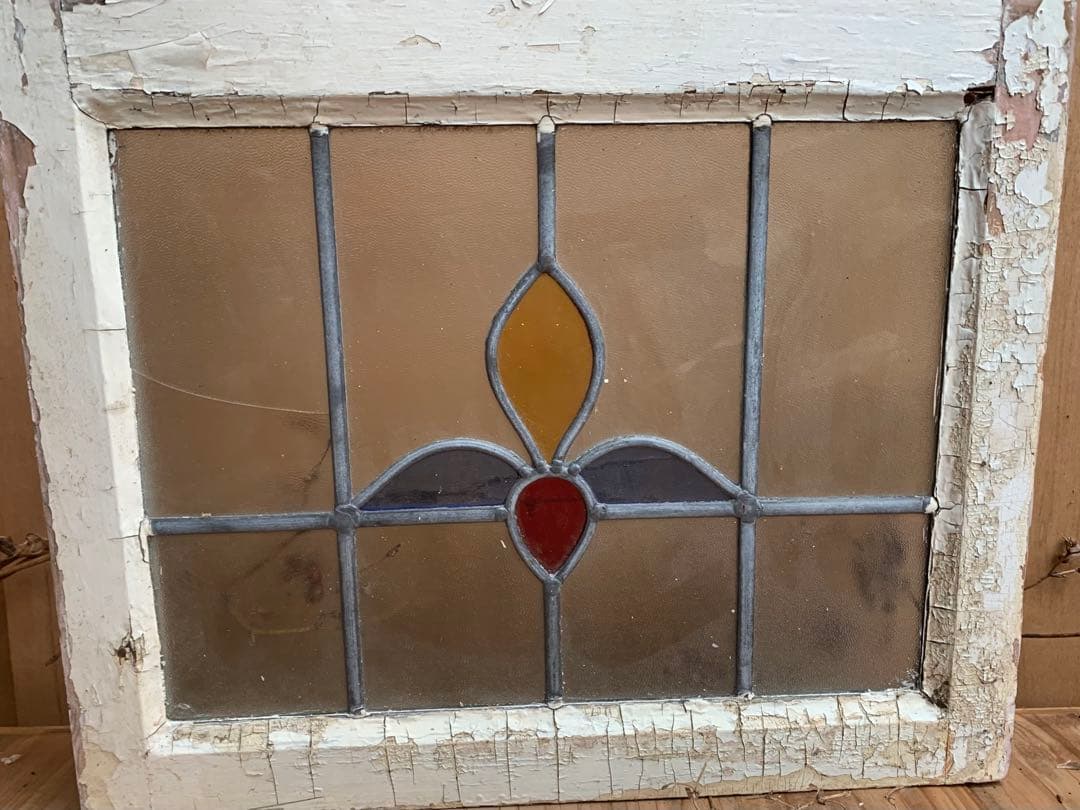 イギリスアンティーク　ステンドグラス窓枠　ペンキの禿げた木枠