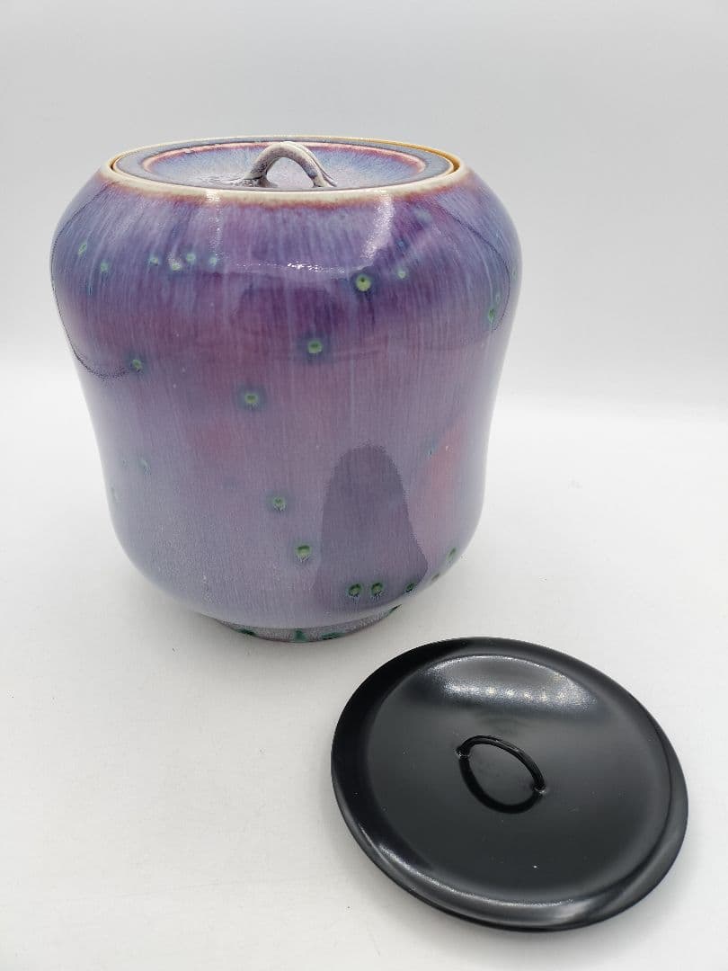 c680 水指 孔雀釉 塗蓋付　龍野焼 2代松山雅英 木箱 茶道具 古物