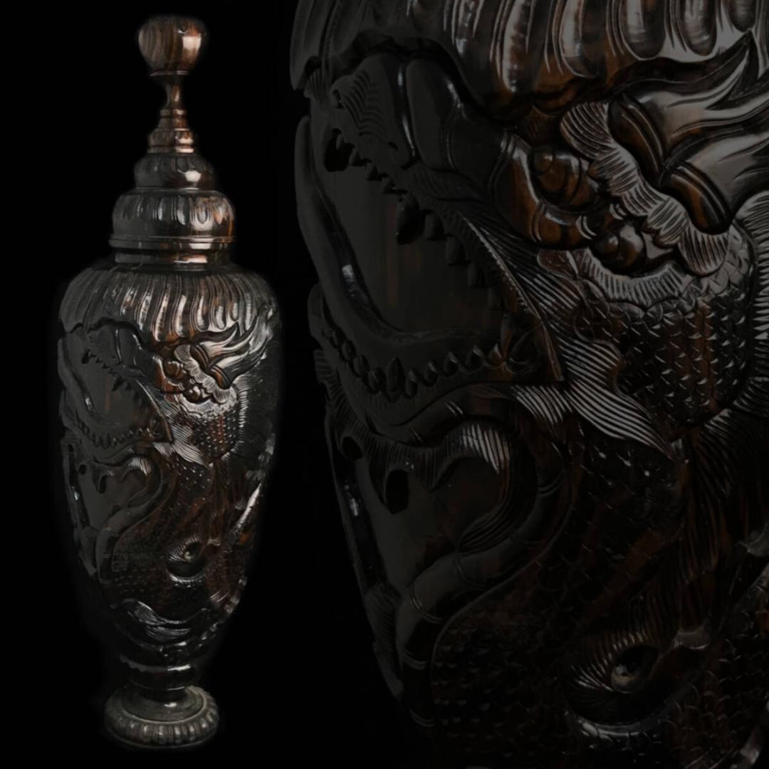 大型 壷 花器 木製 木彫り 龍 レトロ 高さ83cm×24cm×24cm