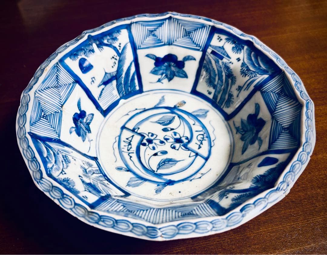 江戸期　古染付芙蓉手　間取山水　深鉢