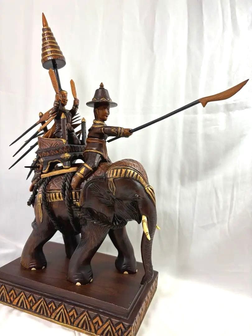 【木彫】タイ製ヴィンテージ　戦士と象