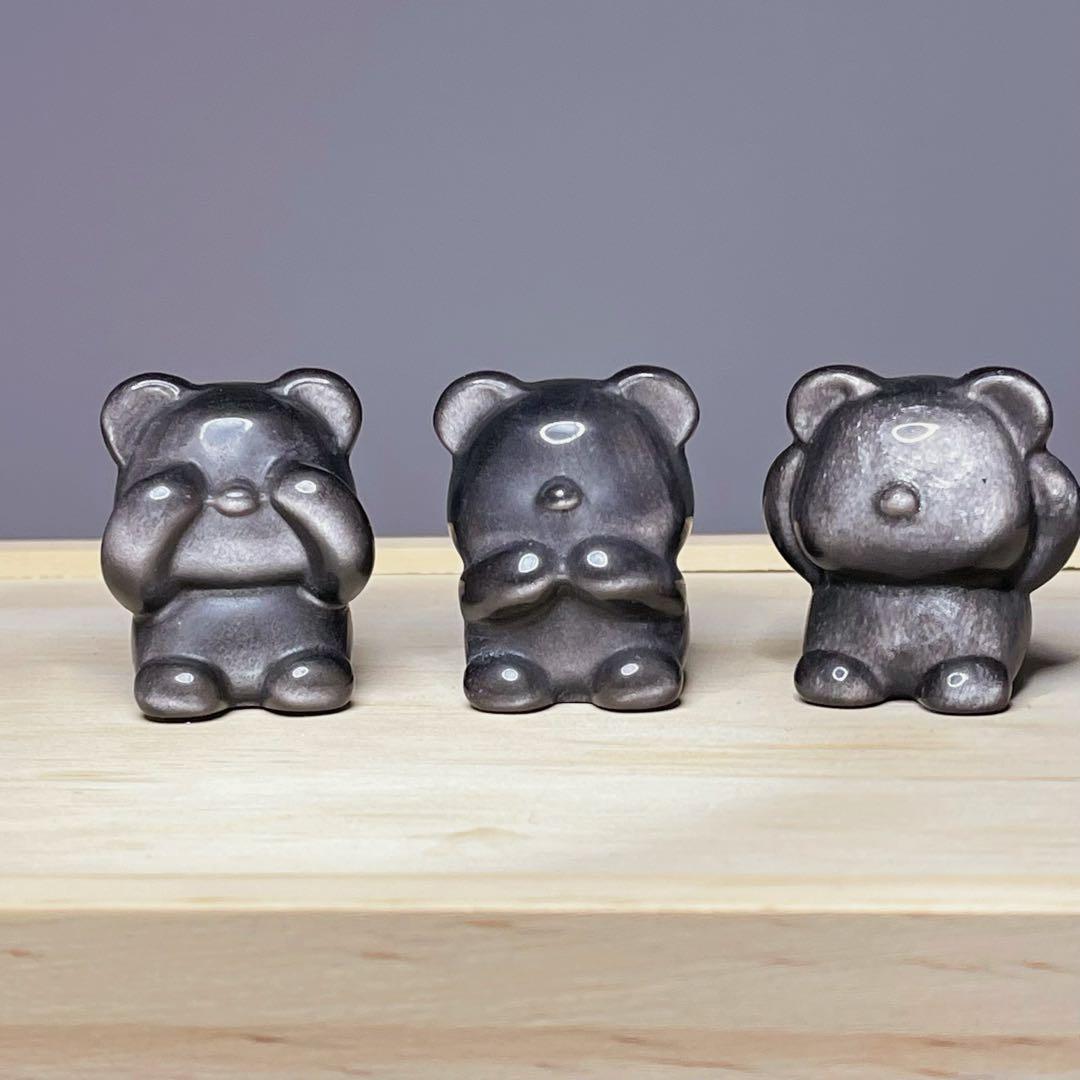 ★天然石★高品質シルバーオブシディアン♡三猿風くまさんセット♡置物♡プレゼント