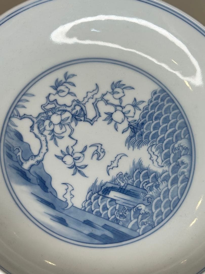 中国 大清雍正年製 青花染付 山水図 皿 背面寿字文 古陶磁 骨董品