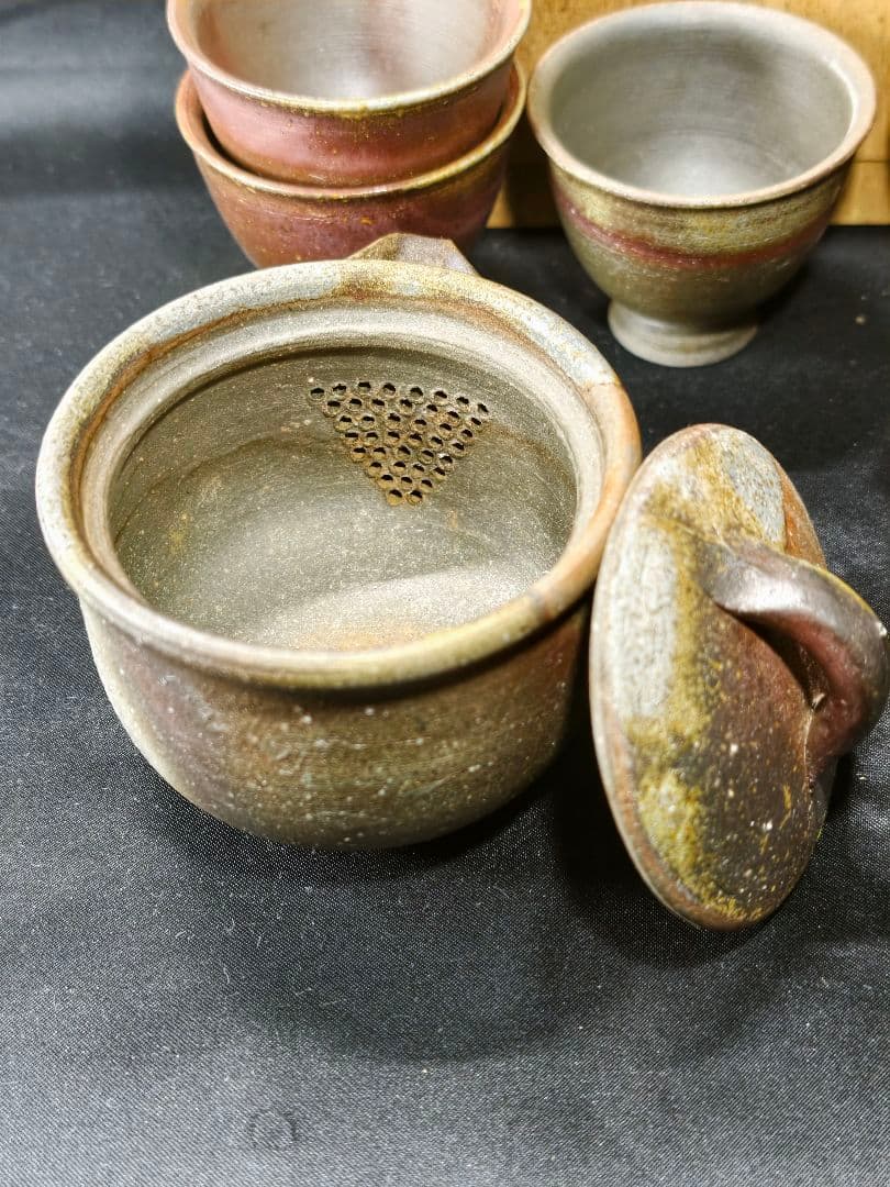 煎茶道具 備前焼窯変宝瓶急須 湯冷まし 湯呑み 共箱 東山作 火襷 胡麻 未使用