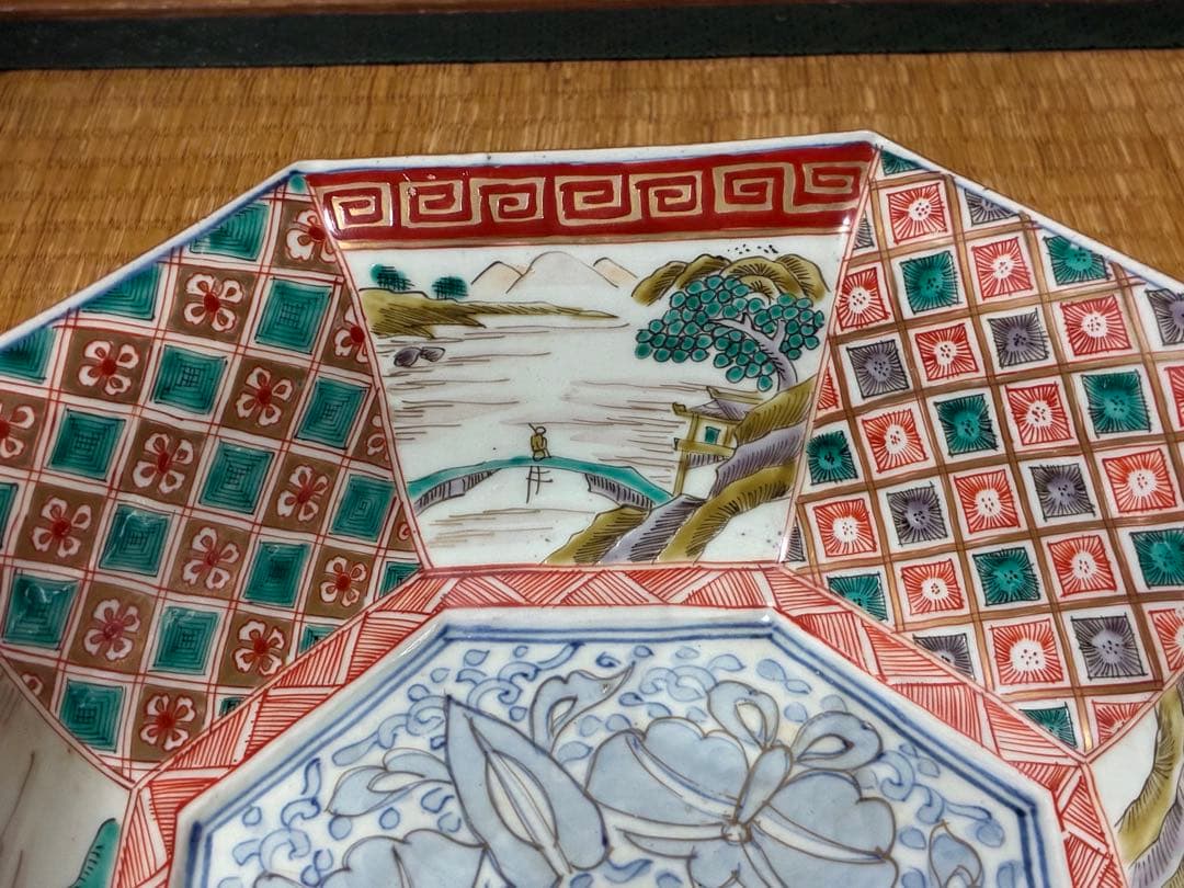 古伊万里 色絵 金彩 風景紋 八角鉢 盛鉢 時代物