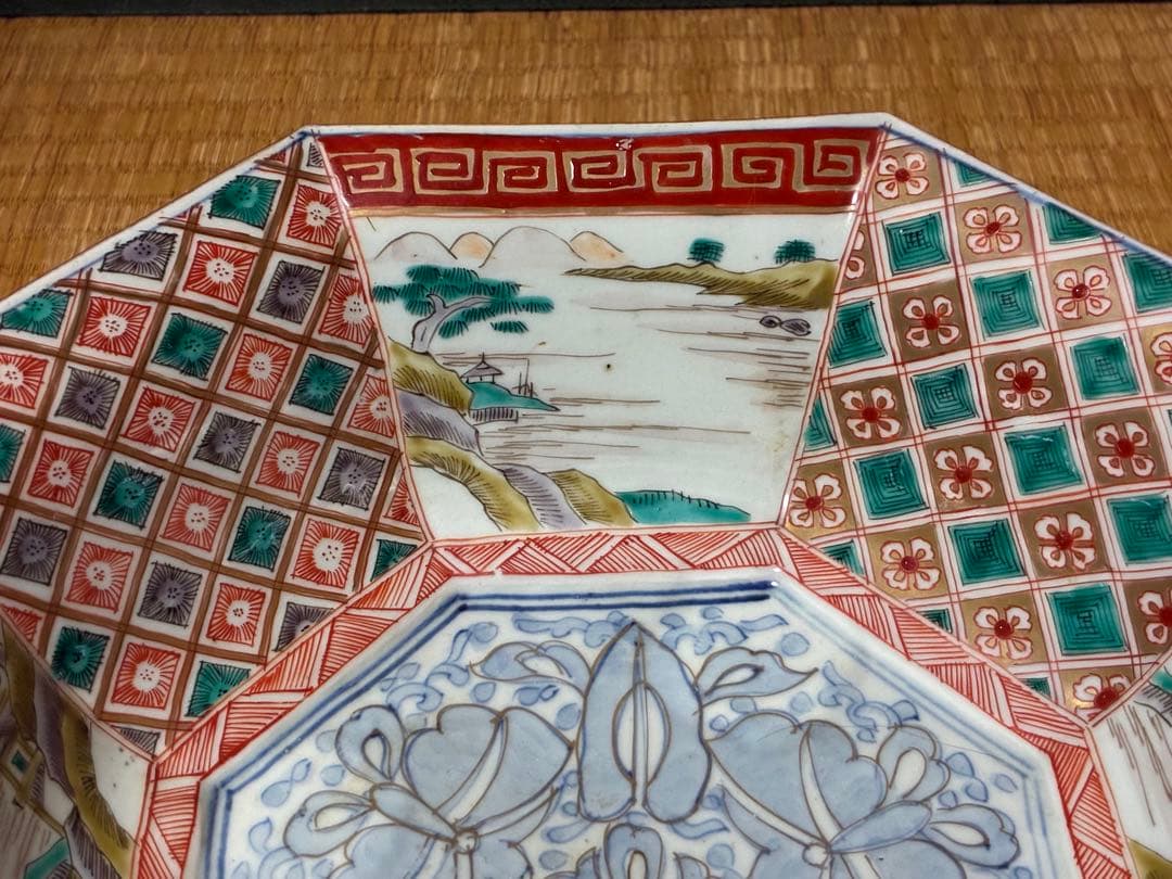 古伊万里 色絵 金彩 風景紋 八角鉢 盛鉢 時代物