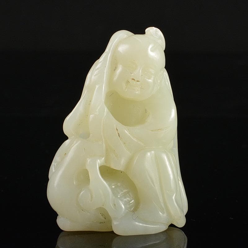 中国　玉石白玉彫刻　人物刻　根付　紙鎮　置物　C　R7134E
