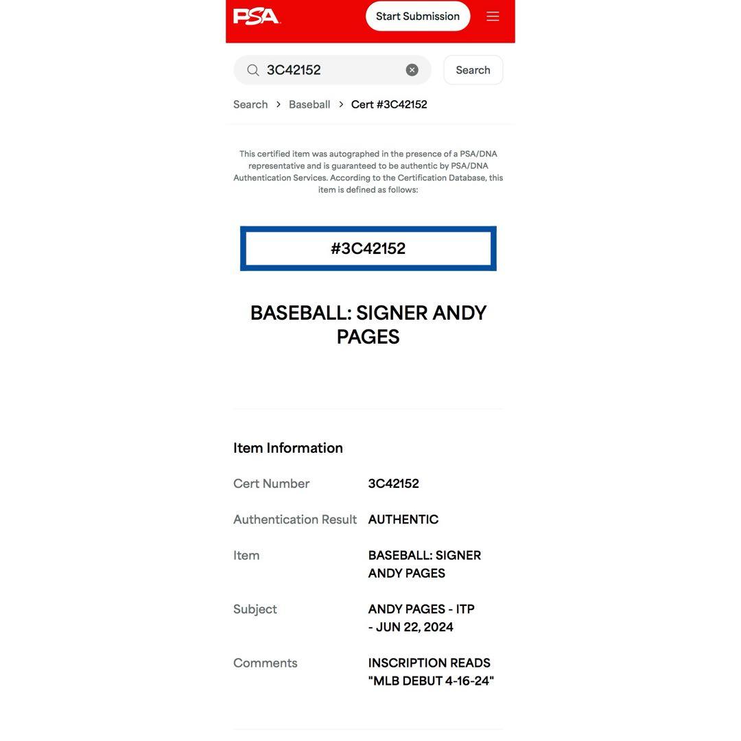 正規品！ ドジャース パヘス 直筆サイン MLB デビュー日 ボール PSA