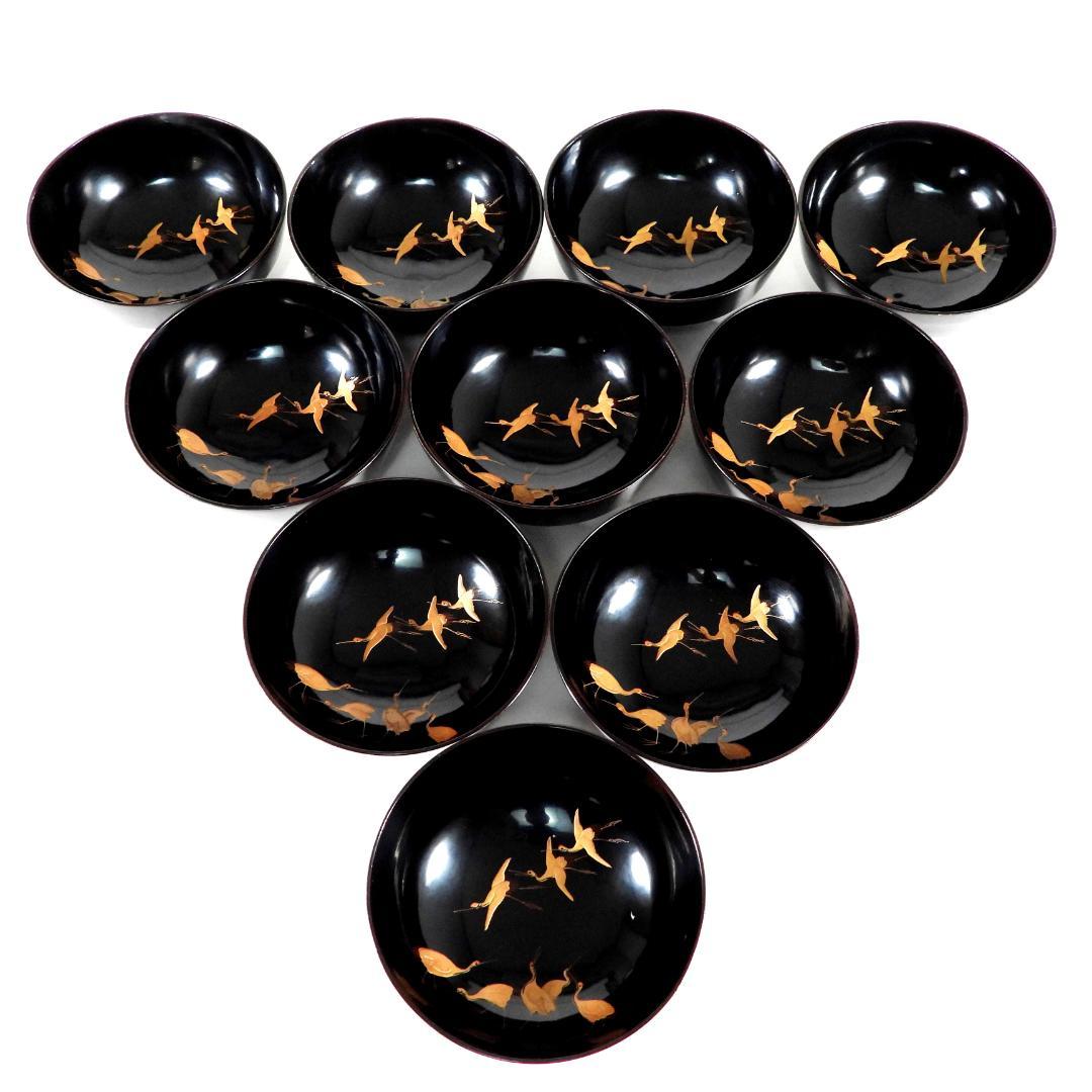 【ゆりかご】金蒔絵 千羽鶴 黒塗煮物椀 10客 木製漆器 天然木