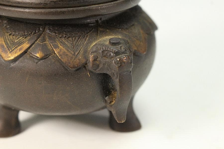 古銅 獅子蓋 小さな香炉 骨董品(K-YC474)