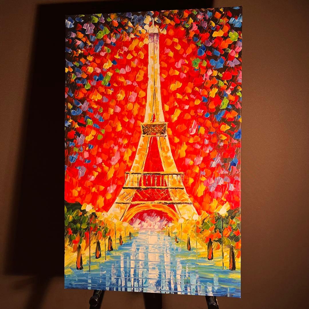 手書き油絵 パリの風景 エッフェル塔 額付 肉筆絵画 インテリア 油彩画