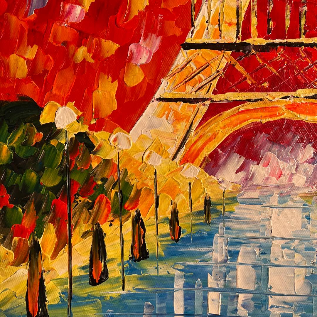 手書き油絵 パリの風景 エッフェル塔 額付 肉筆絵画 インテリア 油彩画