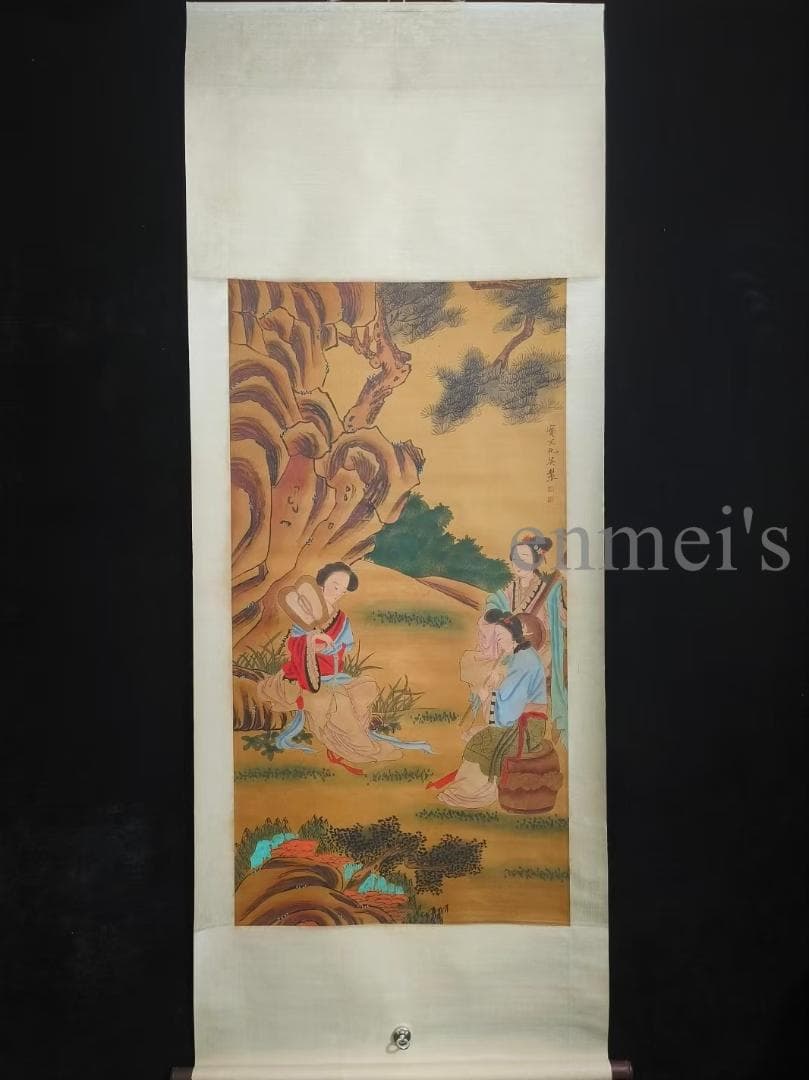 中国古美術 明代 仇英作款 仕女図 水墨画 絹本 肉筆 四尺 中堂画 掛け軸