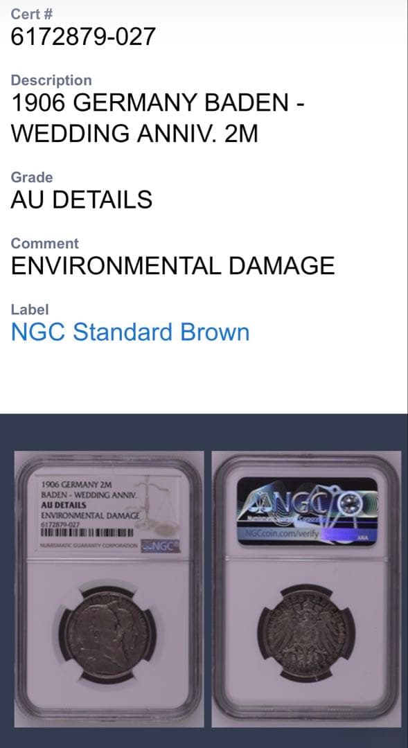 1906年 ドイツ バーデン大公結婚記念2マルク銀貨NGC認証