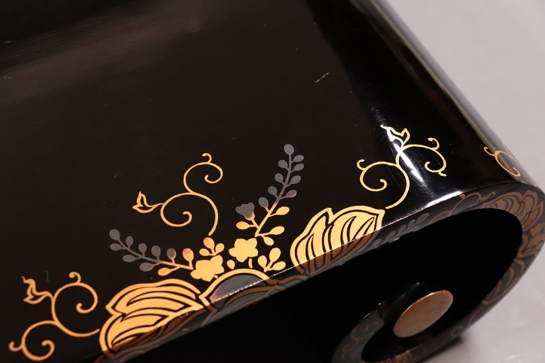 時代 桐蒔絵 黒塗 巻き足 平卓 花台 天然木 木箱入り 唐草【MA371】