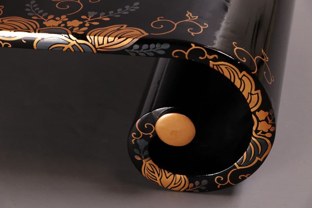 時代 桐蒔絵 黒塗 巻き足 平卓 花台 天然木 木箱入り 唐草【MA371】