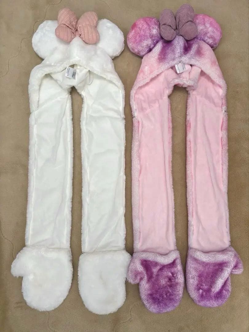 ディズニー マフラーキャップ リボン 白 ピンク 紫 ミニー 2個セット