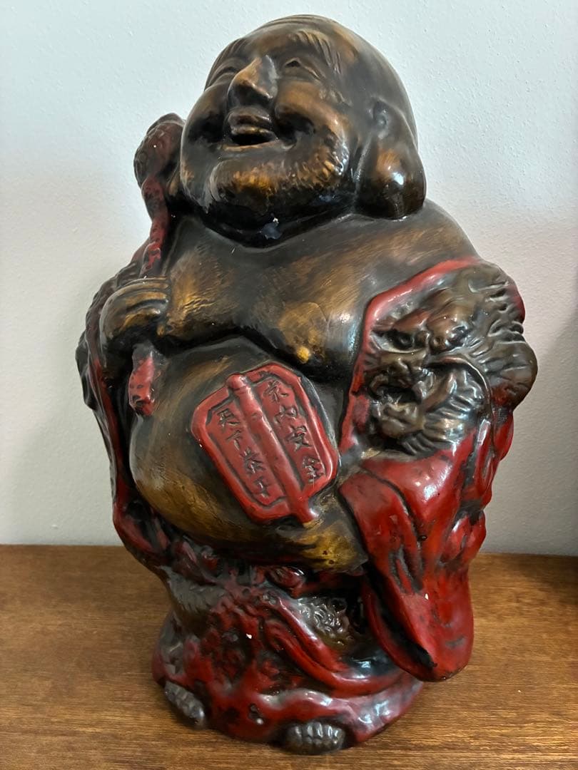 骨董 時代 布袋様 40㎝ 在銘 陶器 色彩 龍 置物 縁起物 招福 昭和