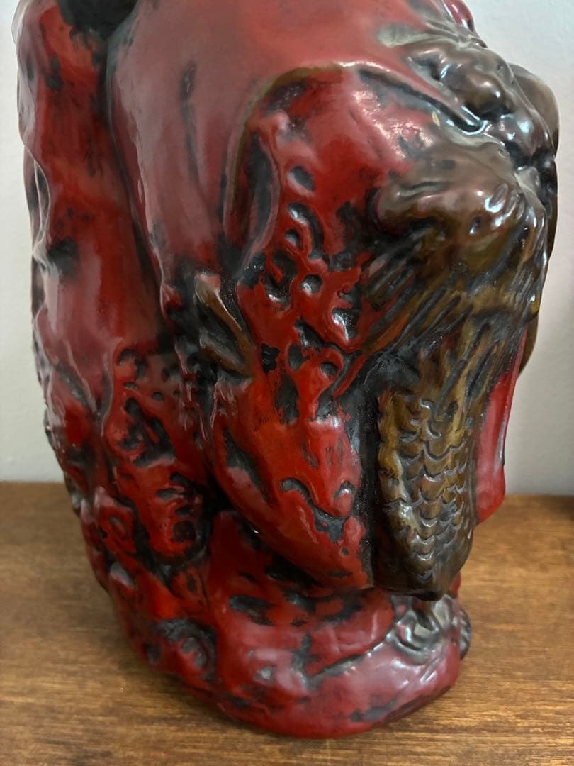 骨董 時代 布袋様 40㎝ 在銘 陶器 色彩 龍 置物 縁起物 招福 昭和