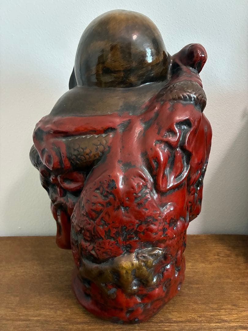 骨董 時代 布袋様 40㎝ 在銘 陶器 色彩 龍 置物 縁起物 招福 昭和