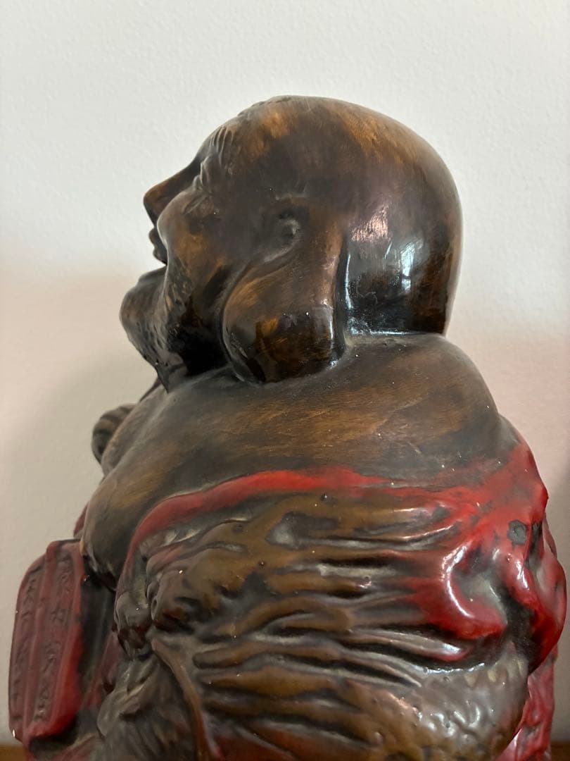 骨董 時代 布袋様 40㎝ 在銘 陶器 色彩 龍 置物 縁起物 招福 昭和