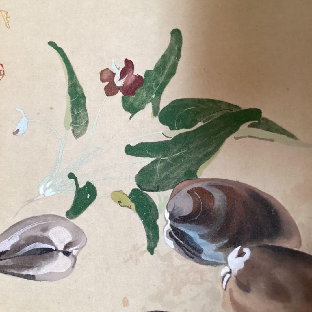 川端龍子　絹本彩色画　《　蛤と菫之図　》　豪華緞子使用表具　肉筆　模写　114