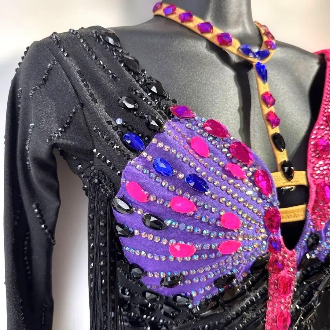 6317★ S 黒 ラインストーン フリンジ ラテンドレス 社交ダンス