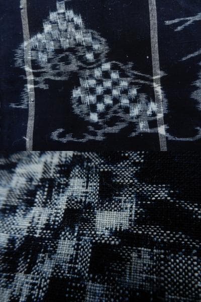 木綿・明治期・松に海老・山陰絣・4巾・たてよこ絣織・手織藍染品