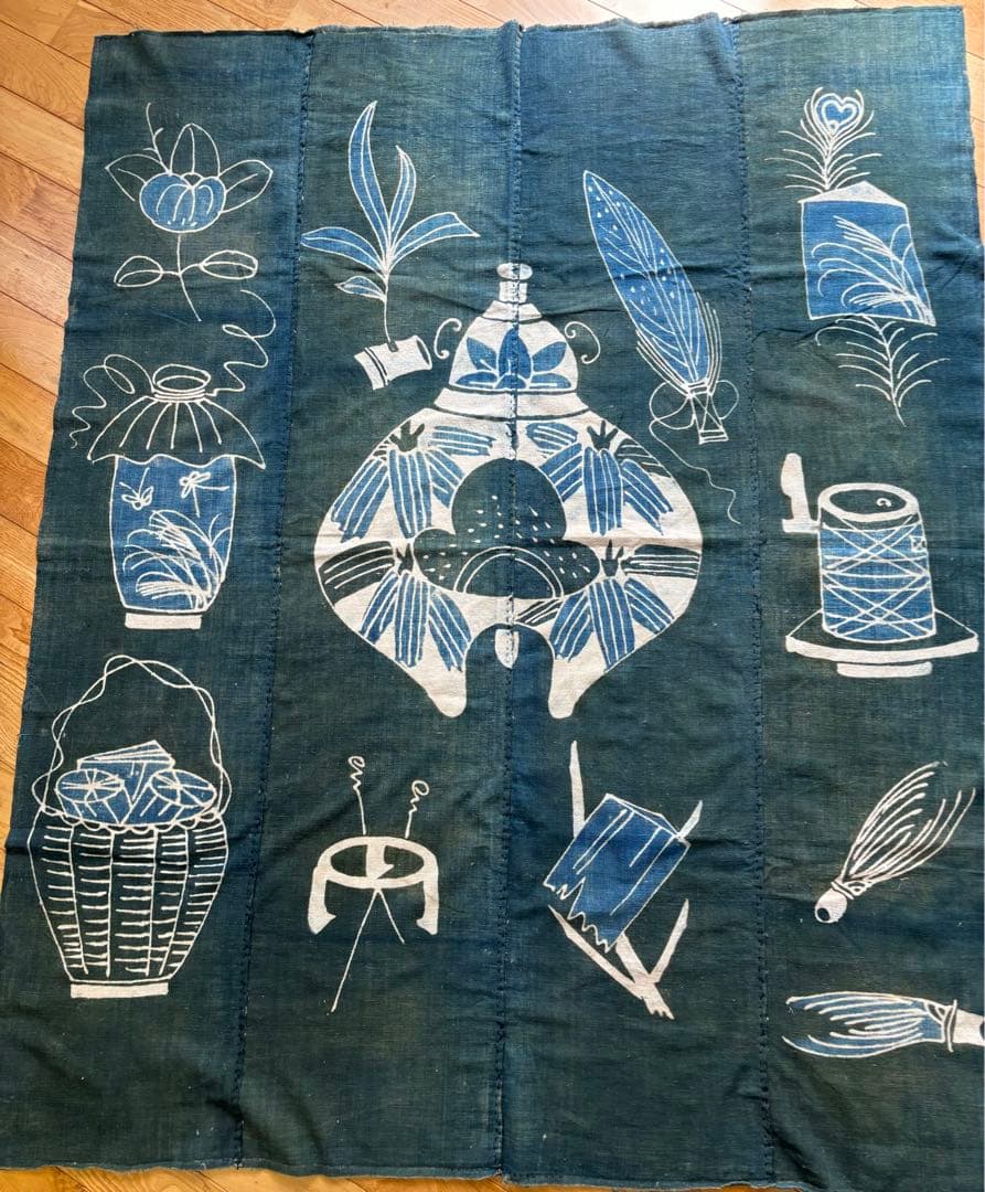 古布　茶道具の筒描　藍染　木綿　緑　木綿　型染め　襤褸　アンティーク