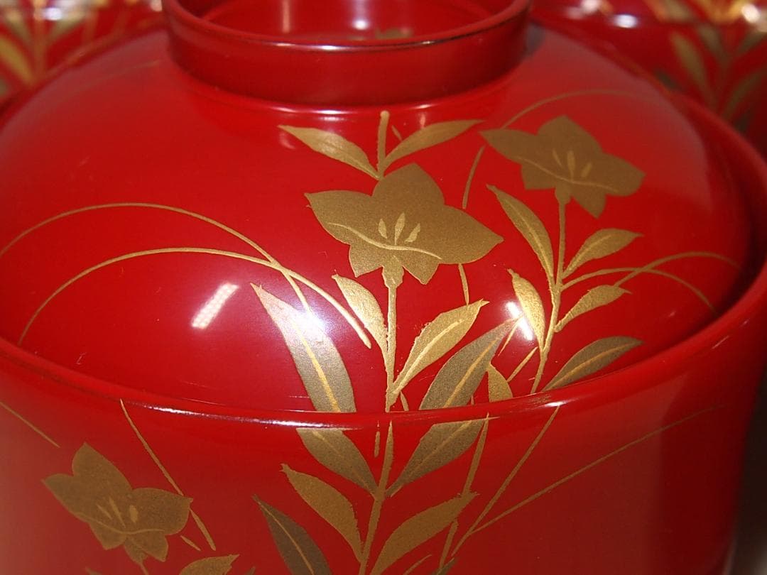【美品】輪島塗 西久保田漆器店 桔梗蒔絵 小吸物椀 5客 瓢型/朱塗 漆器/食器