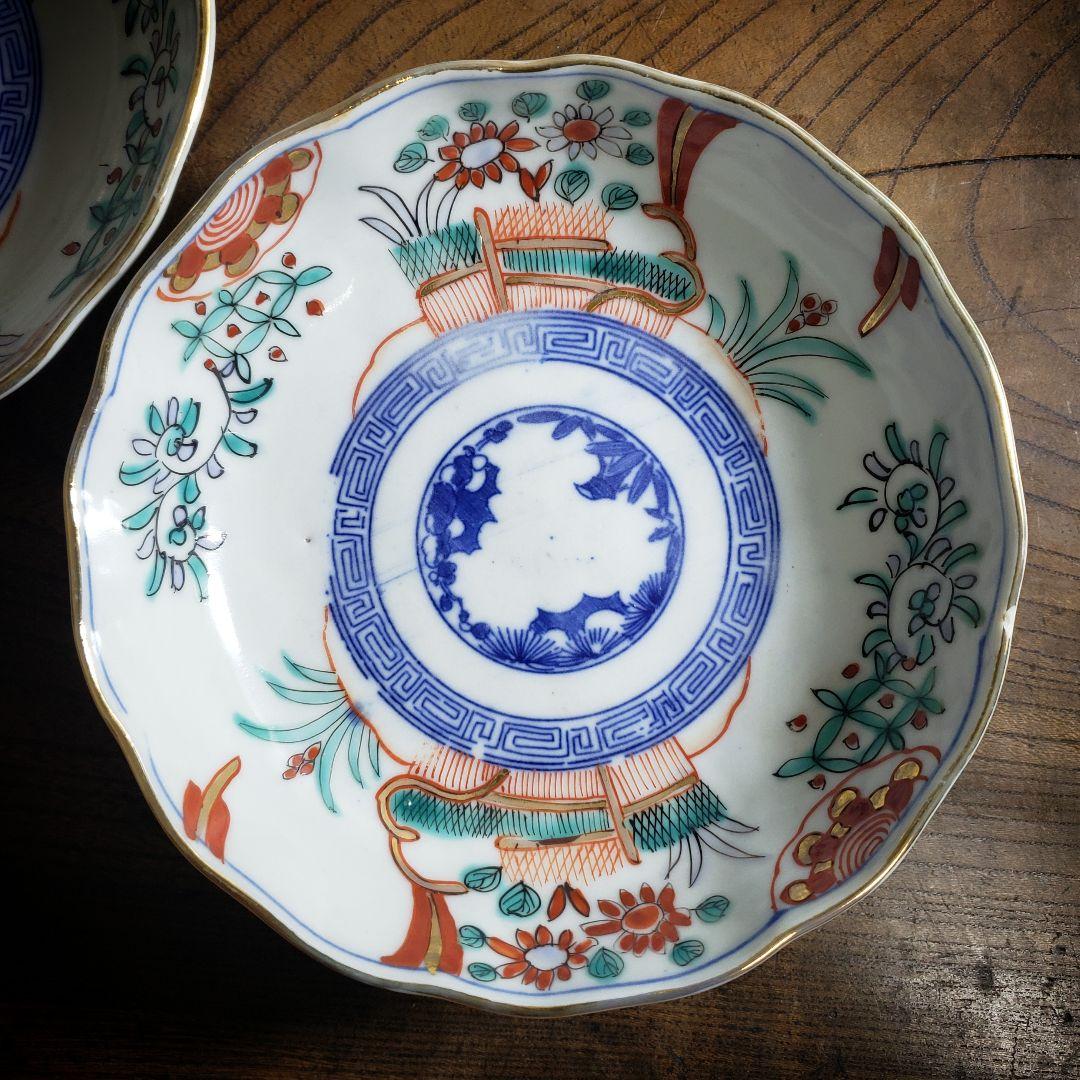 なます皿　色絵付　印判　変わり図柄　明治　大正　モダン唐草　2枚　欠け　ロ号