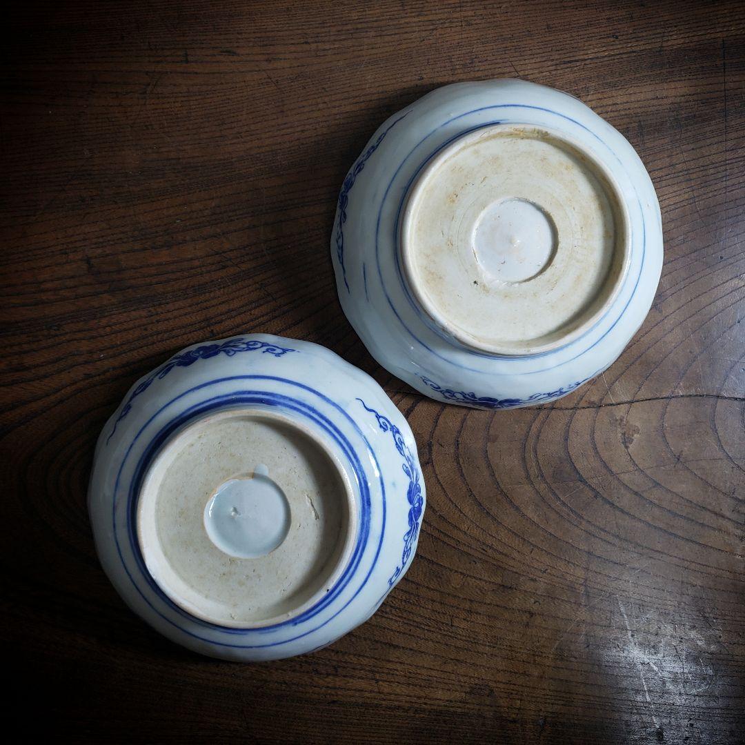 なます皿　色絵付　印判　変わり図柄　明治　大正　モダン唐草　2枚　欠け　ロ号