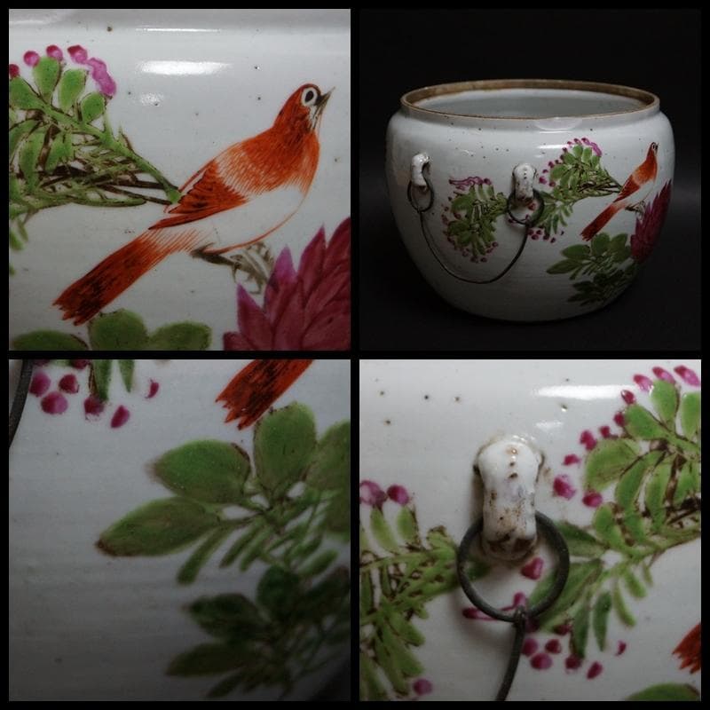 民国期 粉彩色絵『鳥花鳥漢詩文』飾壺 水指 鉢★唐物★時代物★茶事/茶道具