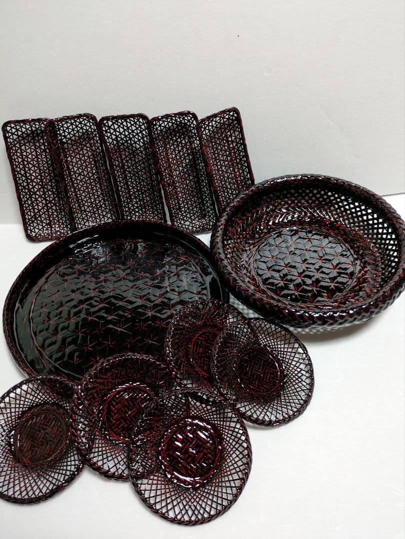 籃胎漆器　お盆　果物籠/菓子器　茶托　5枚　おしぼり受け　5個　計12点