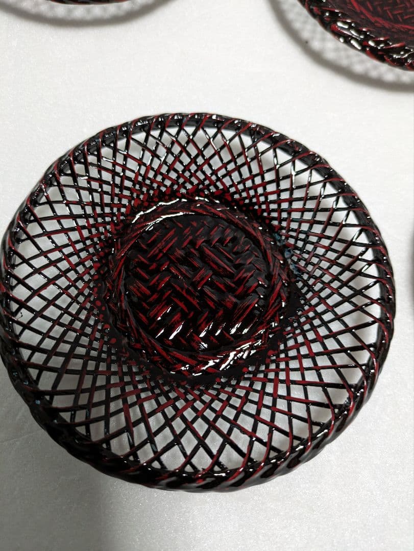 籃胎漆器　お盆　果物籠/菓子器　茶托　5枚　おしぼり受け　5個　計12点