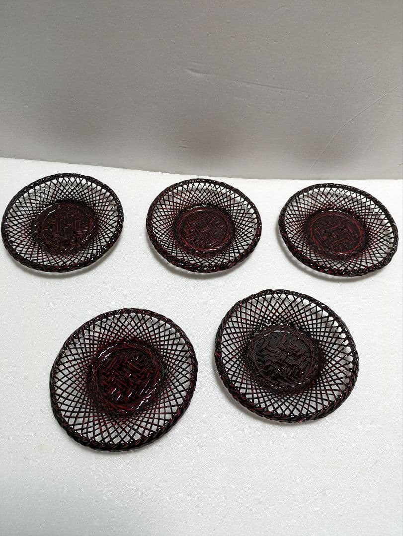 籃胎漆器　お盆　果物籠/菓子器　茶托　5枚　おしぼり受け　5個　計12点