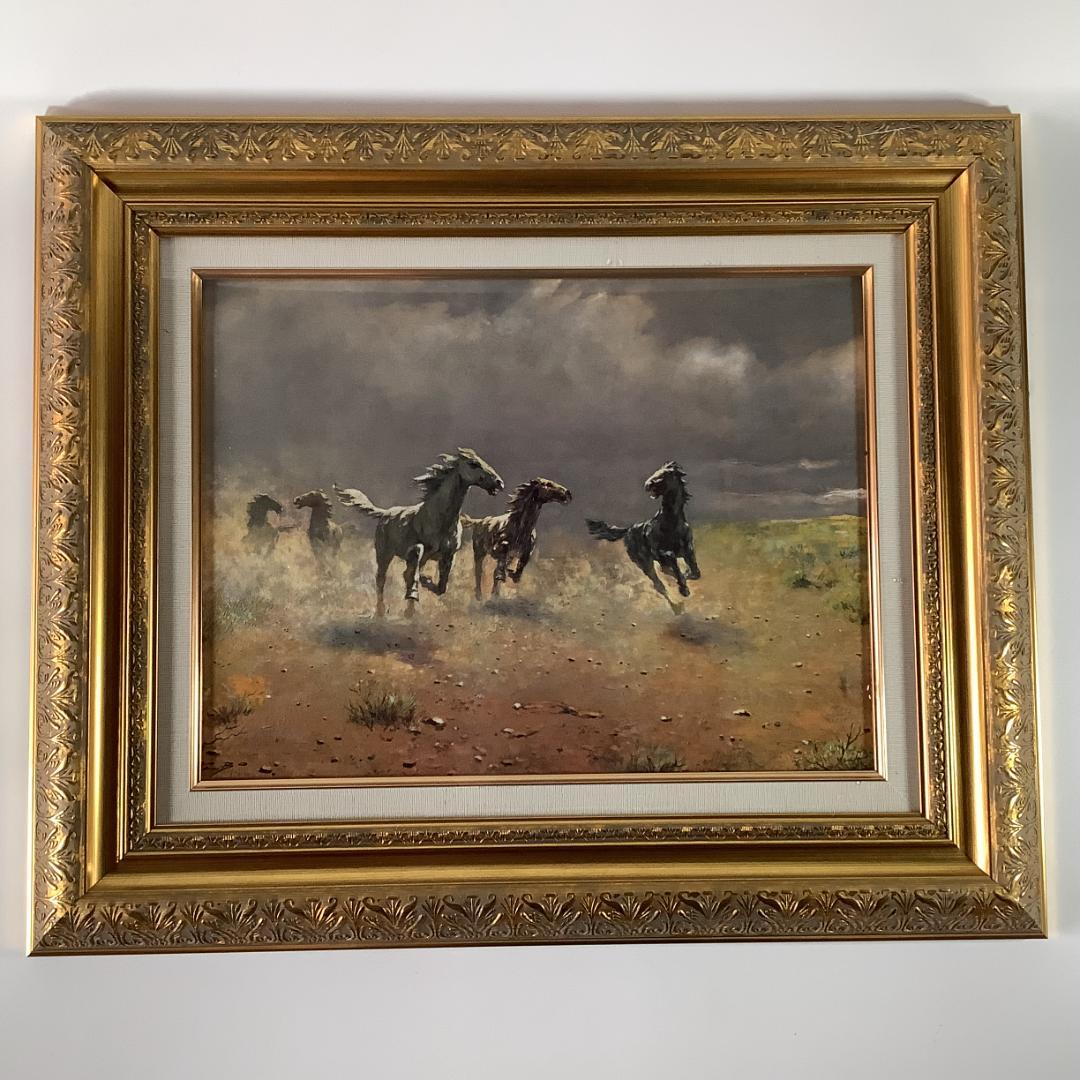 アルボー作 荒野の群馬 絵画 額装 約8号相当 金色装飾額縁付き