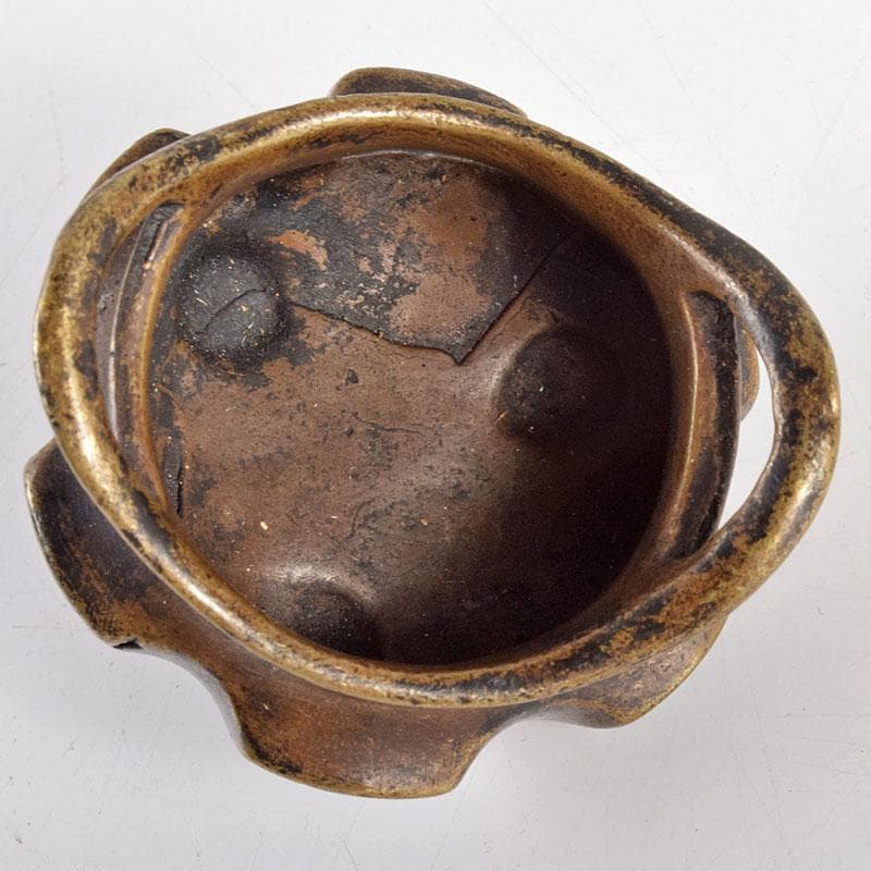 中国　古銅宣徳銅　宣款　三足沖耳爐　香炉　時代箱付　M　R4946
